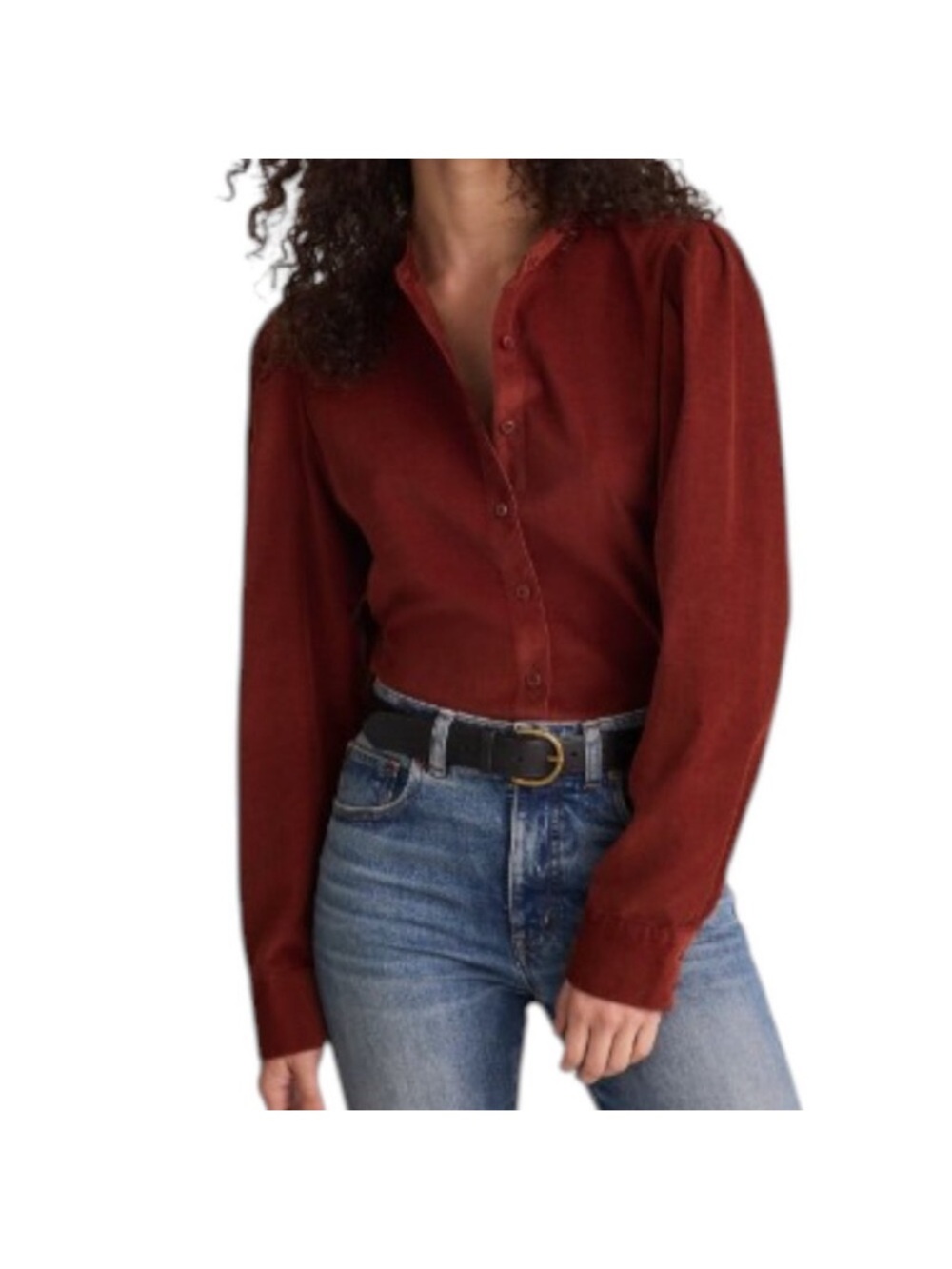 Madevell Corduroy Ruffe Sleeves Rust Button-Up Cropped Blouse size Large